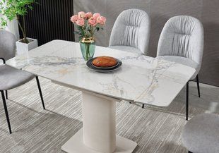 Обідній стіл INTARSIO FERRAGAMO CERAMIC, 95&ndash;135 &times; 72 см, білий із золотистими прожилками, глянець / кашемір