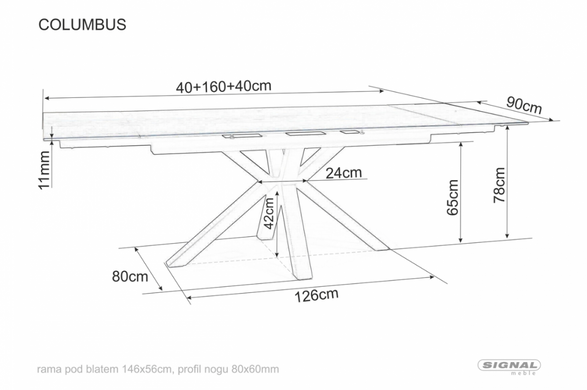 Стіл SIGNAL COLUMBUS CERAMIC AMBER BIANCO розкладний 160&ndash;240&times;90 см, білий мат Amber Bianco / чорний мат
