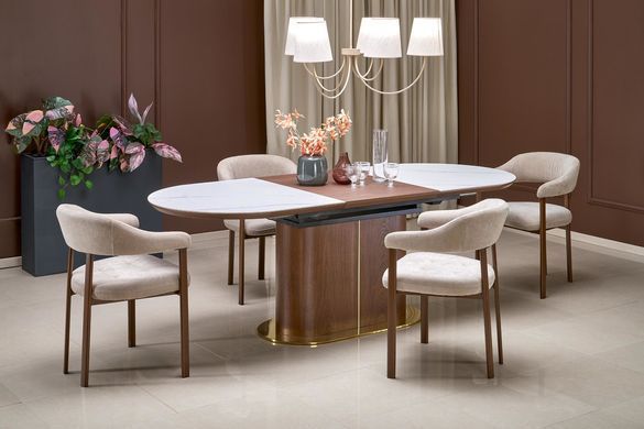 Стол HALMAR GIBSON раскладной 160&ndash;220&times;90 см, белый мрамор / орех / золотой