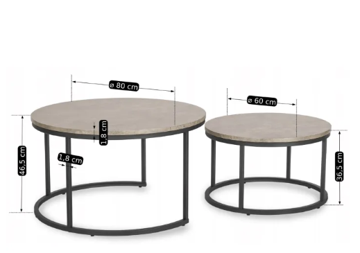 Комплект журнальних столиків MEBEL ELITE ROCKY MAX, сірий бетон / чорний, &Oslash;80 &times; 46,5 см + &Oslash;60 &times; 36,5 см