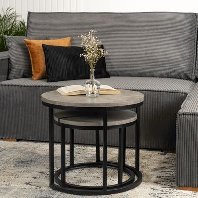 Комплект журнальних столиків MEBEL ELITE ROCKY, сірий бетон / чорний, &Oslash;53 &times; 45,5 см + &Oslash;43 &times; 35,5 см