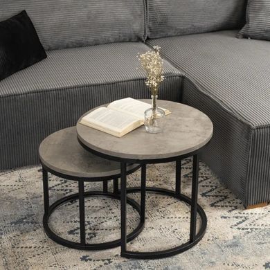 Комплект журнальних столиків MEBEL ELITE ROCKY, сірий бетон / чорний, &Oslash;53 &times; 45,5 см + &Oslash;43 &times; 35,5 см